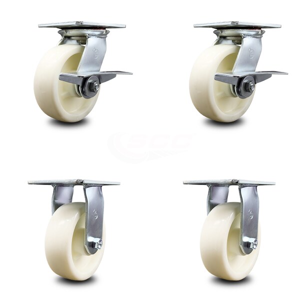 6 Inch Nylon Caster Set with Roller Bearing 2 Brakes and 2 Rigid